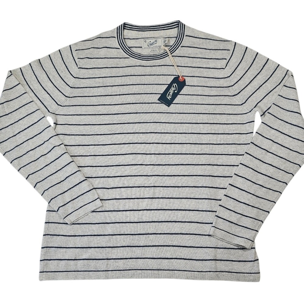 Grayers James Striped Lightweight Cotton Linen Crewneck Sweater White Navy M NWT